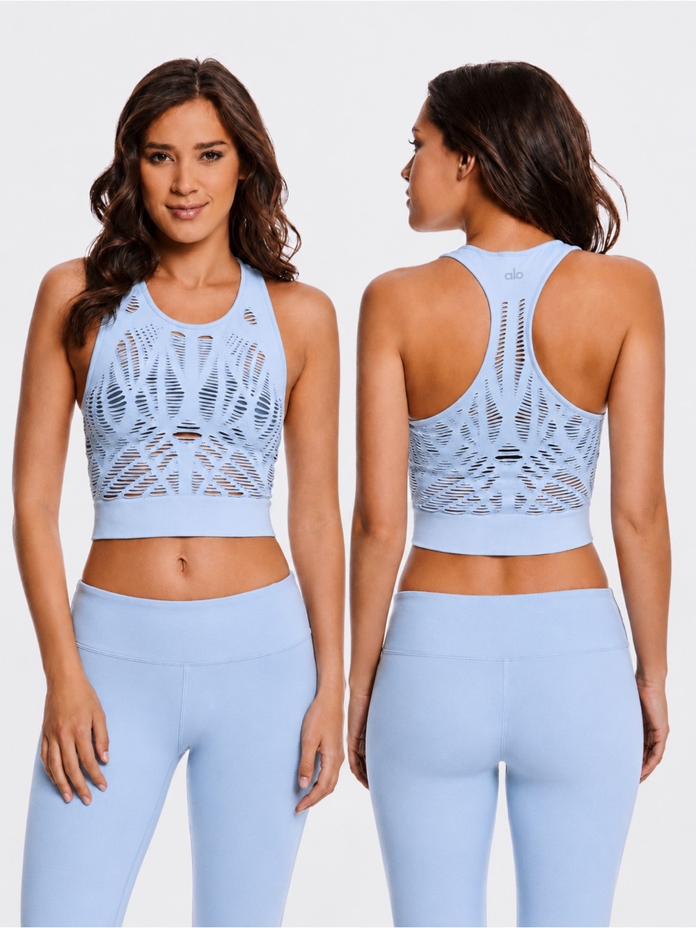 ALO Yoga Sky Blue Laser-Cut Cropped Sports Bra